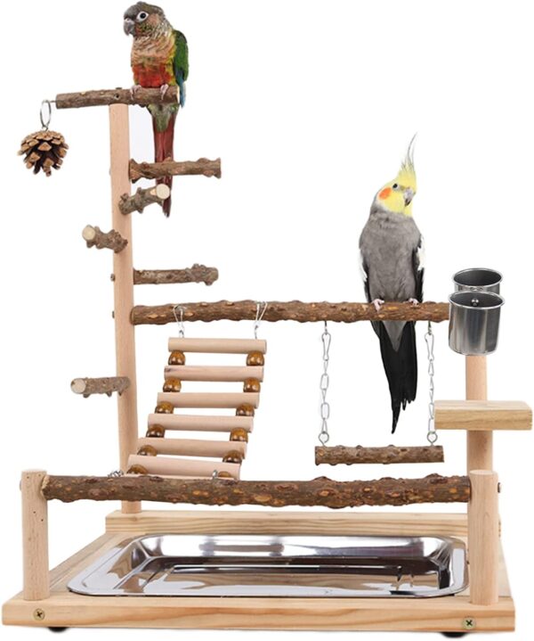 WishesMar Bird Playground Parrot Play Stand with Feeder Cup Swing Climb Ladder and Tray Budgie Playground Cage Exercise Gym Toys for Parakeets Cockatiel, Wooden, Size About 17.7x14.6x10.2 In #A