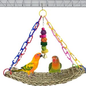 kathson Bird Seagrass Mat,Birds Swing Toy,Natural Grass Handmade Woven Hammock Hanging Parrot Lounger with Colour Toys for Lovebird,Cockatiel,Canary,Parakeets,Finch,Budgie (2 Pcs)