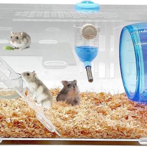 kathson Dwarf Hamster Cage Transparent Hamsters Cages and Habitats Gerbils Acrylic Cage Cute Mini Pet Habitat with Accessories Exercise Wheel Water Bottle Food Bowl for Small Animal Blue