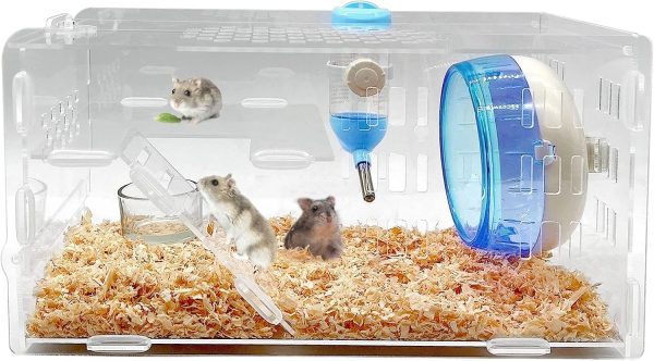 kathson Dwarf Hamster Cage Transparent Hamsters Cages and Habitats Gerbils Acrylic Cage Cute Mini Pet Habitat with Accessories Exercise Wheel Water Bottle Food Bowl for Small Animal Blue